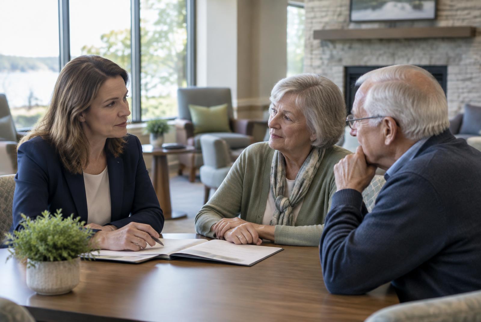 A senior living advisor listening to an older couple